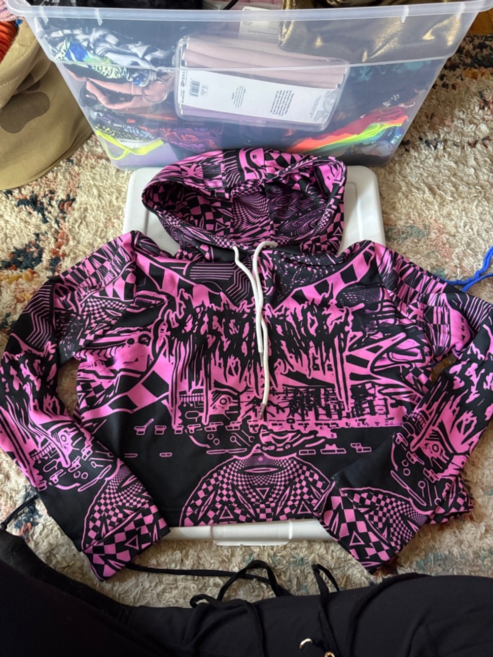 Dissonance Pink & Black Graphic Hoodie Cropped Sweatshirt